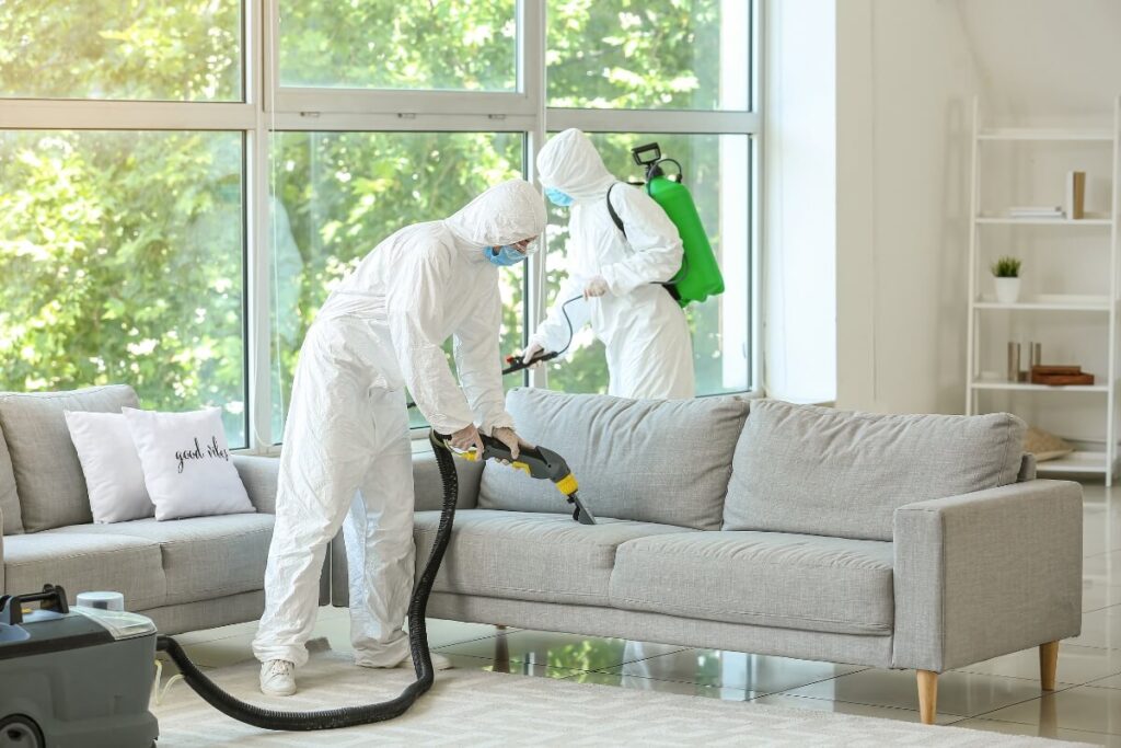 Workers in Biohazard Costume Removing Dirt from Sofa