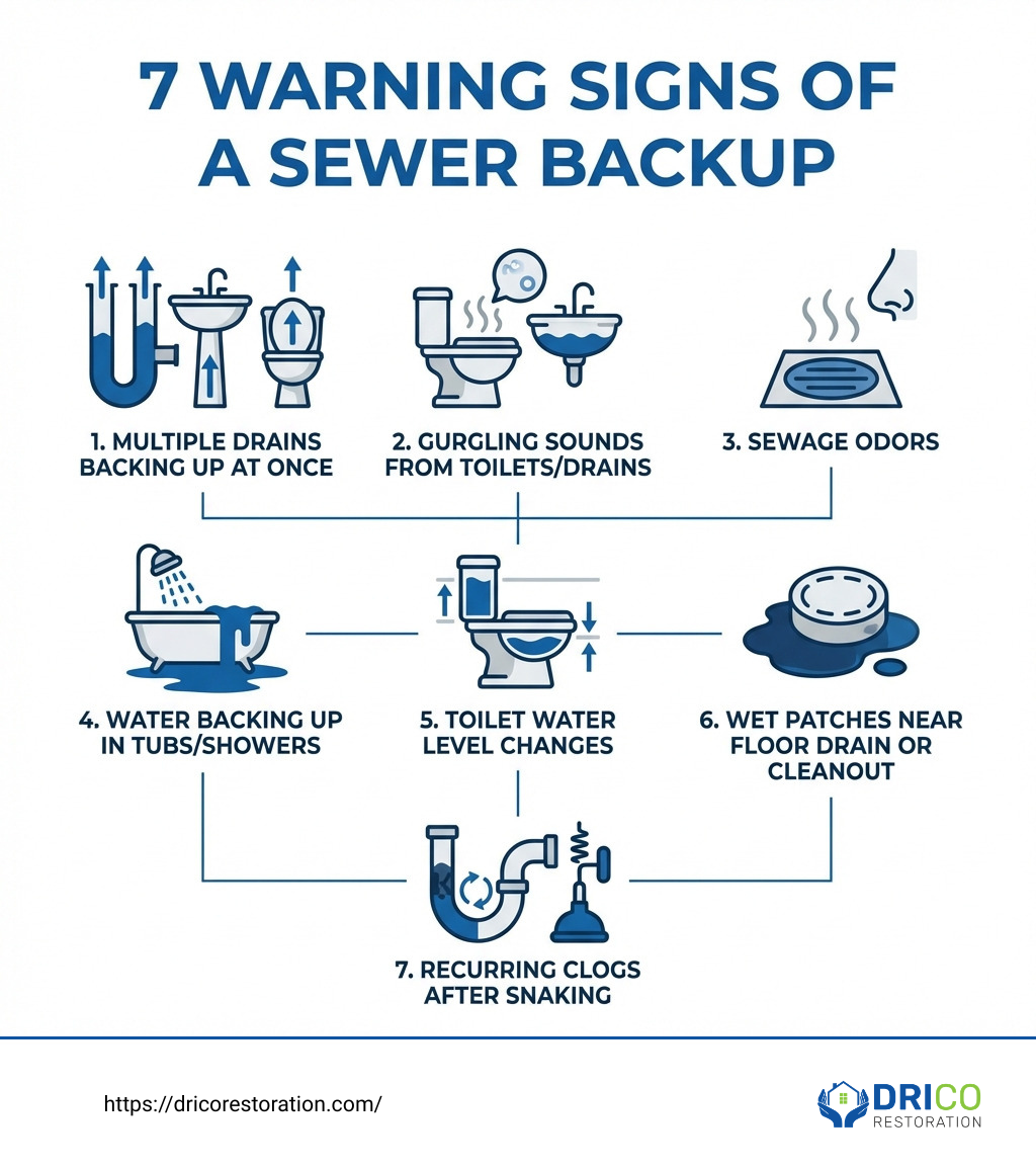 Infographic Illustrating 7 Warning Signs Of A Sewer Backup, Including Water Stains, Odors, And Slow Drains.