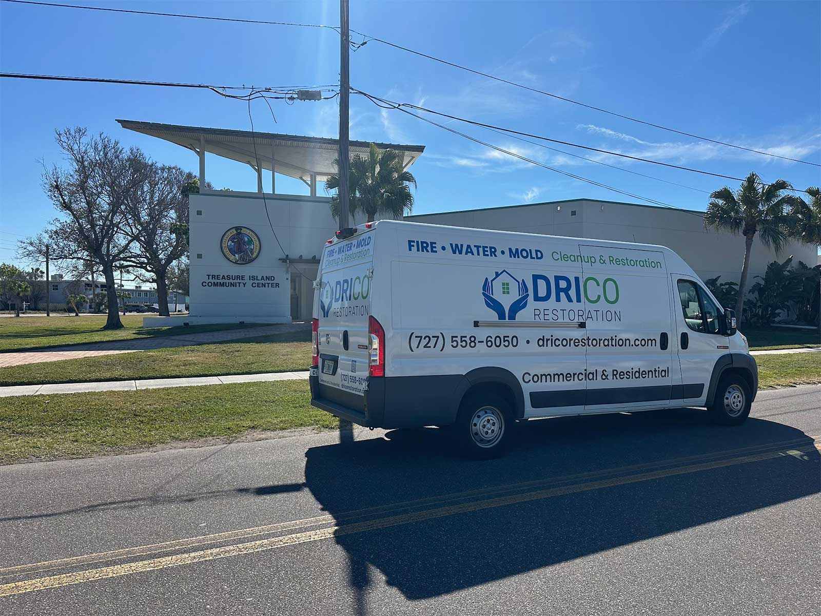Drico Restoration Service Van Outside Treasure Island Community Center In Florida
