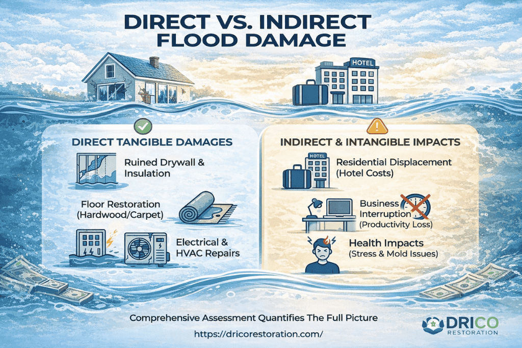 Omparison Of Direct And Indirect Flood Damage With Icons And Descriptions.