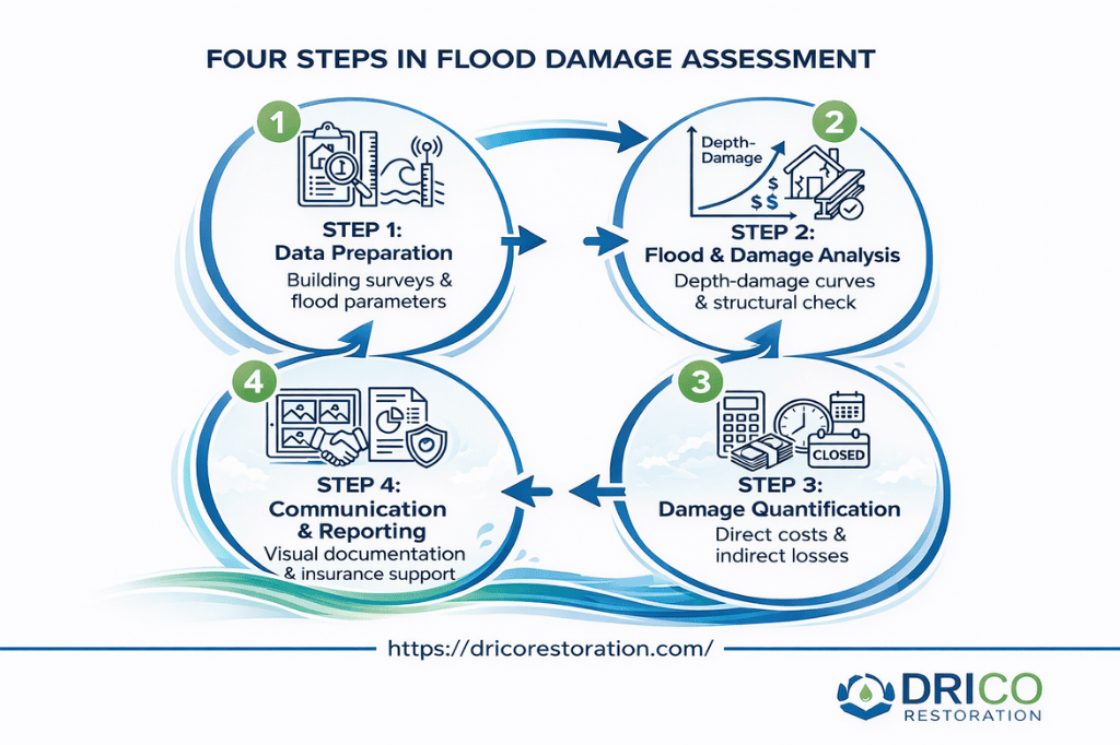 Four Steps Of Flood Damage Assessment: Data Preparation, Analysis, Quantification, Reporting.