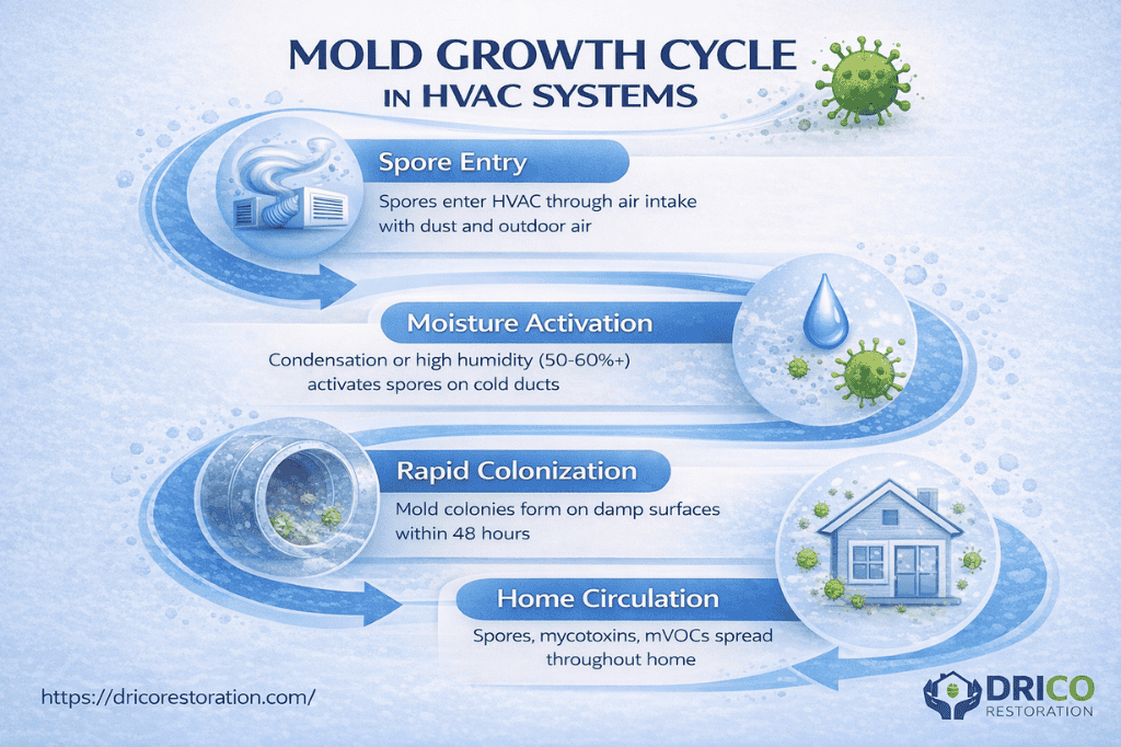 Infographic Showing The Mold Growth Cycle In Hvac Systems, Illustrating The Stages: Spore Entry, Moisture Activation, Rapid Colonization, And Home Circulation With Icons And Descriptions.