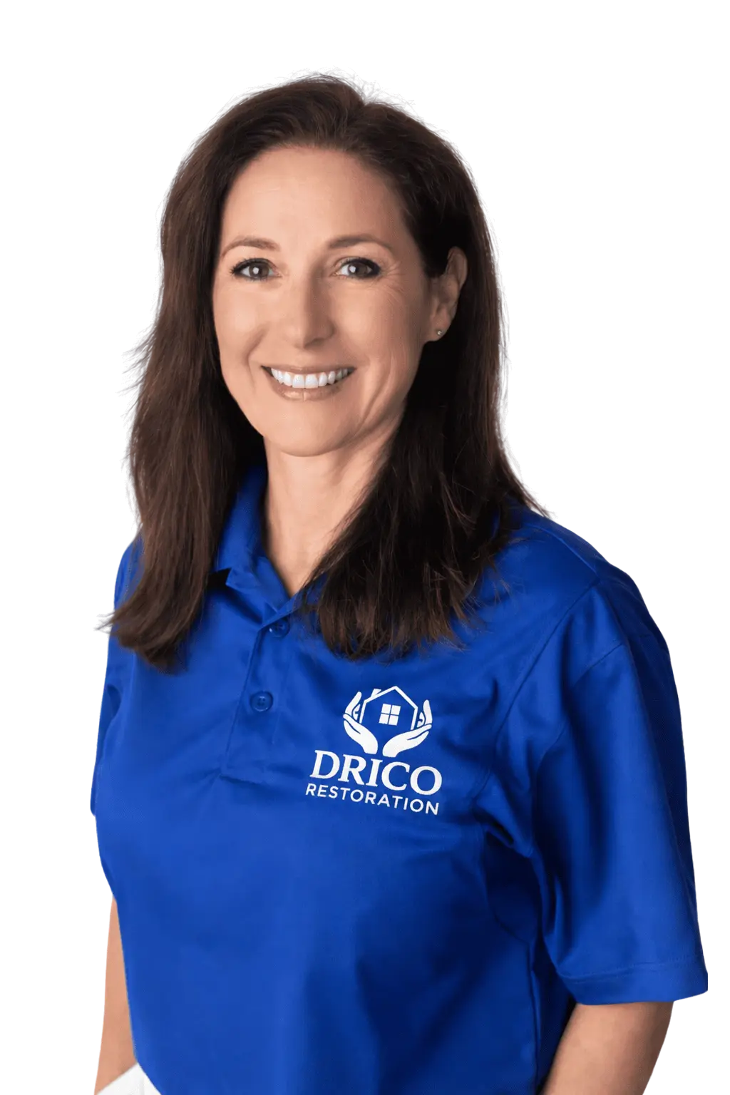 Ali Wllace From Drico Restoration, Smiling In A Blue Polo Shirt, Offering Expert Restoration Services Including Fire, Water, And Mold Damage Restoration. In A Transparent Background.