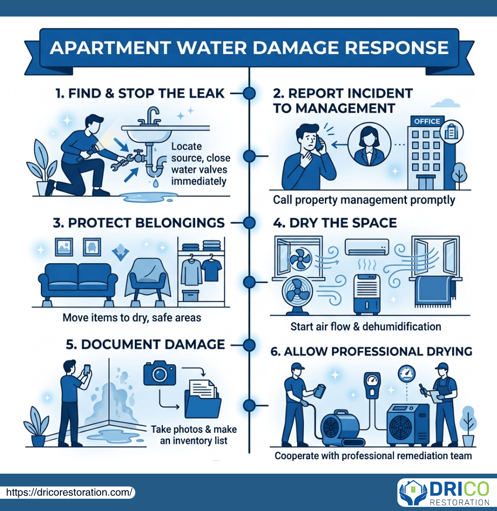 Infographic With Steps For Tenants Responding To Water Damage In Apartments.