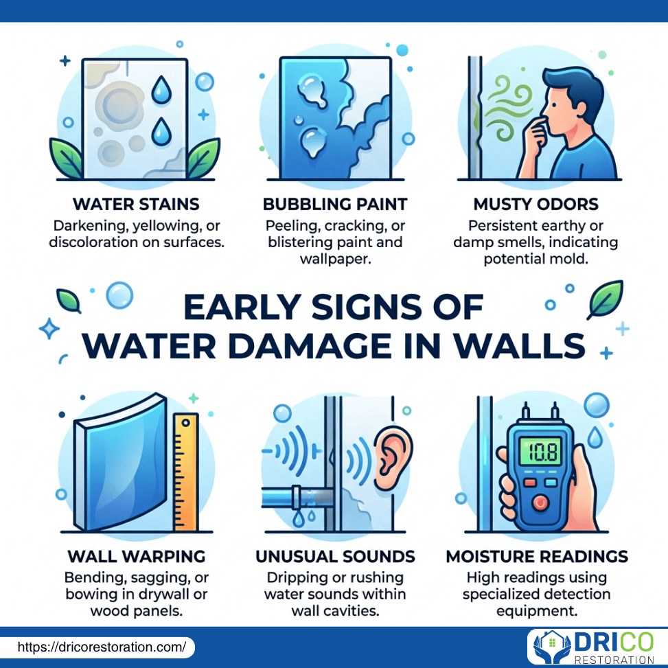 Visual Guide To Early Signs Of Water Damage In Walls Including Water Stains, Bubbling Paint, Musty Odors, And More.