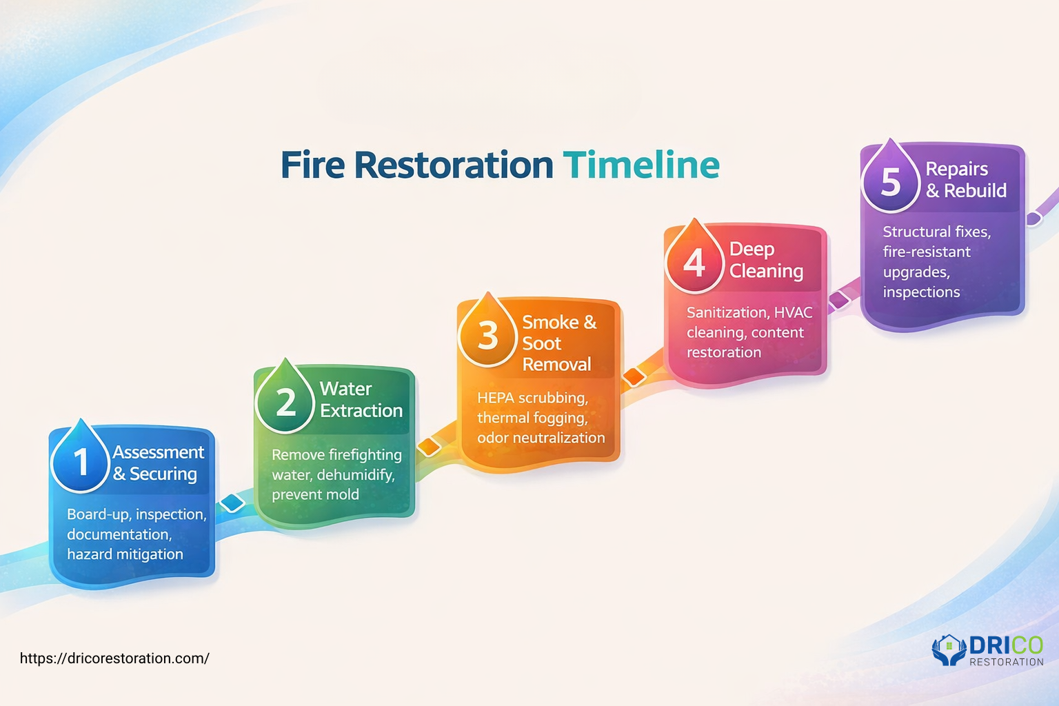 Fire Restoration Timeline Illustrating Key Stages Of Recovery And Rebuilding After A Fire Incident.