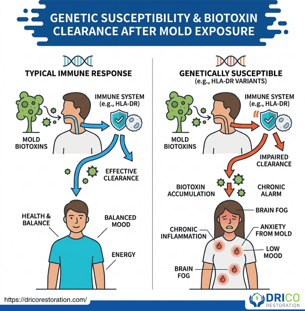 User-Inserted Infographic Explaining Genetic Susceptibility And Biotoxin Clearance After Mold Exposure, Comparing Typical Immune Responses And The Effects Of Impaired Clearance In Genetically Susceptible Individuals.