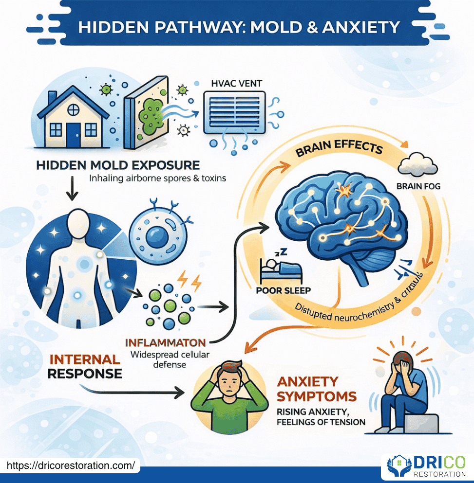 User-Inserted Infographic Showing The Hidden Pathway From Mold Exposure To Anxiety, Illustrating The Stages From Hidden Mold Exposure, Internal Immune Response, Brain Effects, To Anxiety Symptoms.