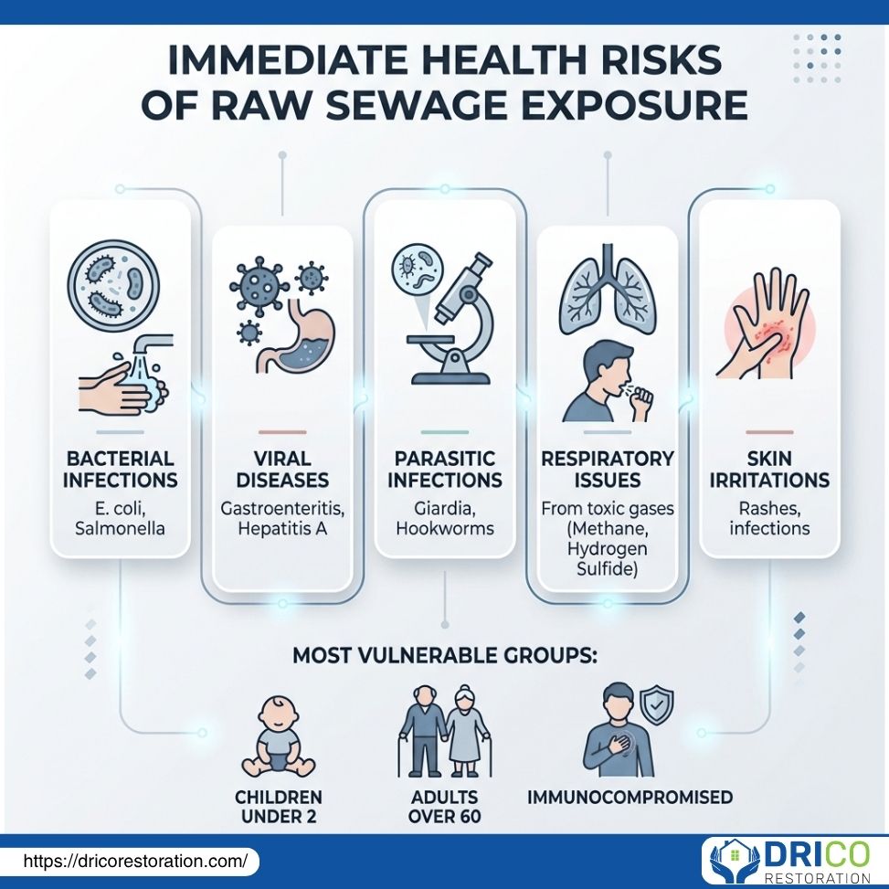 Infographic Showing The Immediate Health Risks Of Raw Sewage Exposure, Including Bacterial Infections, Viral Diseases, Parasitic Infections, Respiratory Issues, And Skin Irritations, With A Focus On Vulnerable Groups Such As Children, Adults Over 60, And Immunocompromised Individuals.