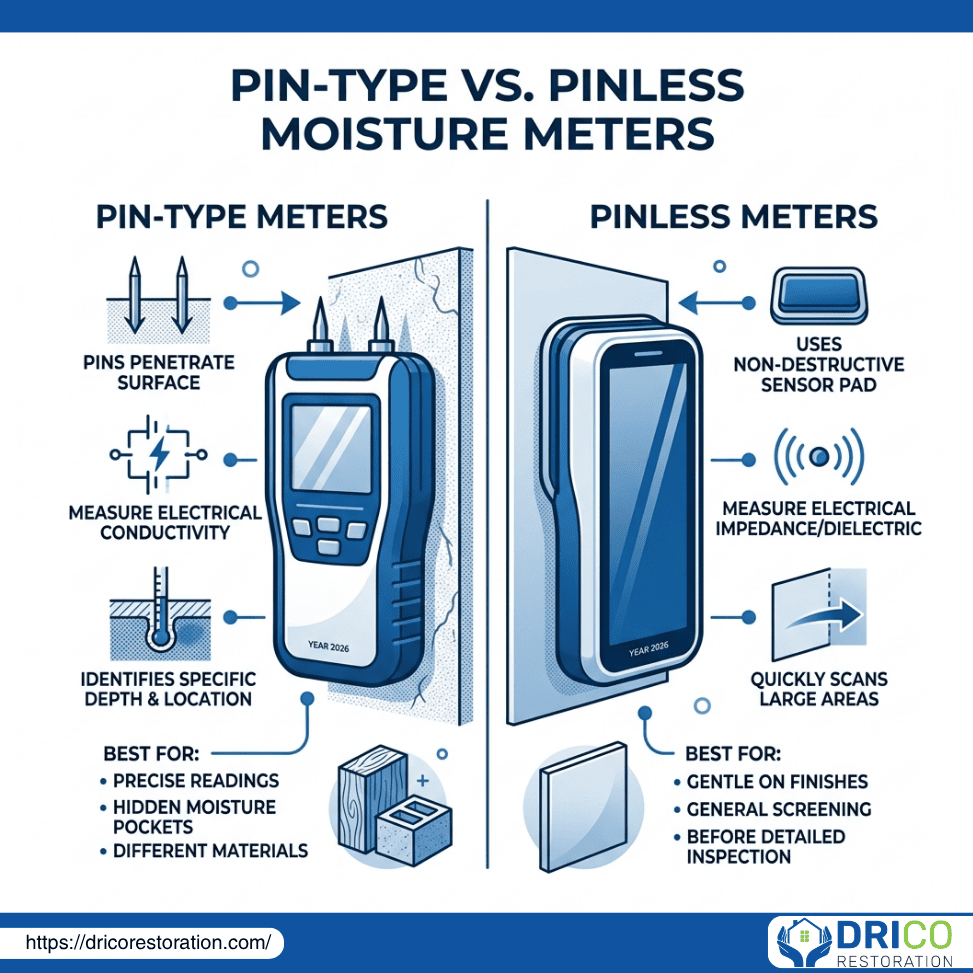 Comparison Of Pin-Type And Pinless Moisture Meters Highlighting Their Features, Uses, And Benefits For Moisture Detection.