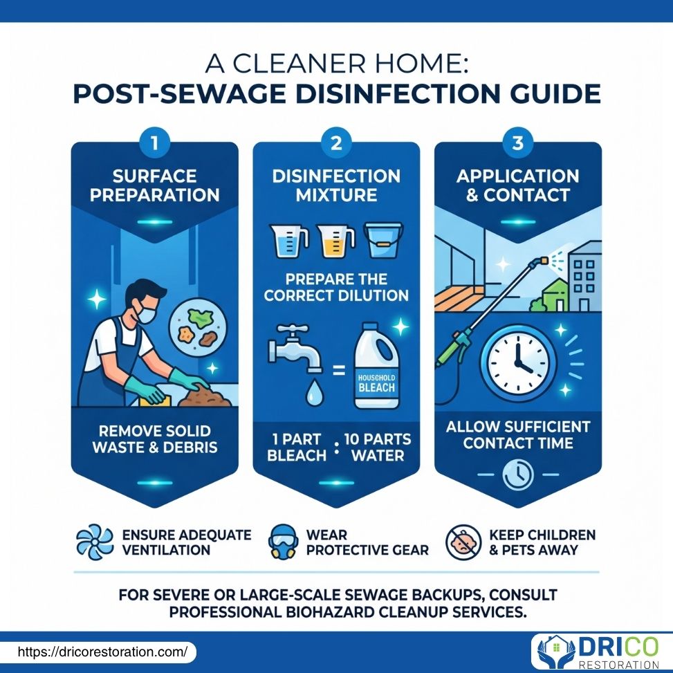 Infographic Showing The Post-Sewage Disinfection Process, Including Surface Preparation, Disinfectant Mixture Preparation, And Application Steps, With Safety Tips Like Ensuring Ventilation, Wearing Protective Gear, And Keeping Children And Pets Away.