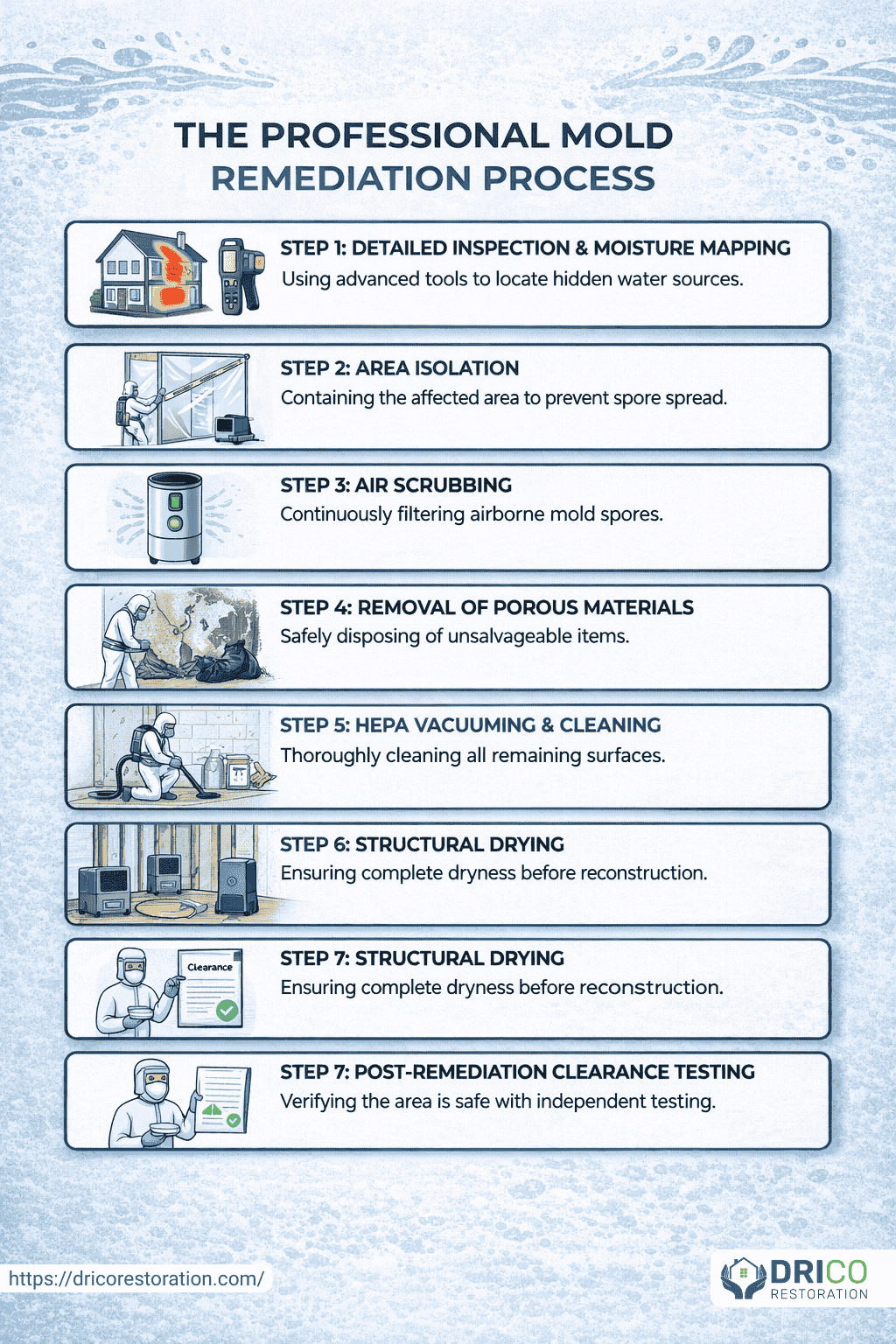 Infographic Explaining Professional Mold Remediation Process Including Inspection, Containment, Air Scrubbing, Material Removal, Cleaning, Drying, And Clearance Testing.