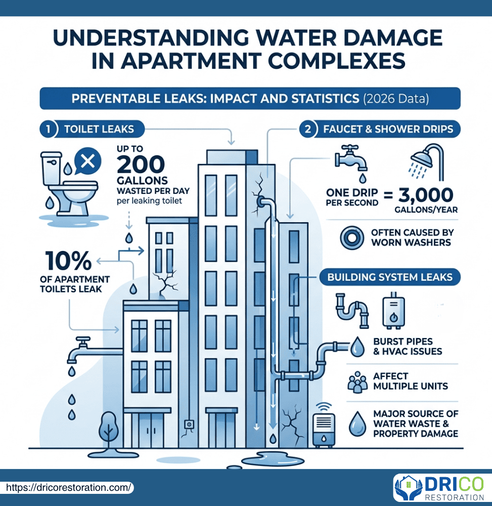 Infographic Showing Water Damage Impact In Apartments: Leaks From Toilets, Faucets, And Building Systems.