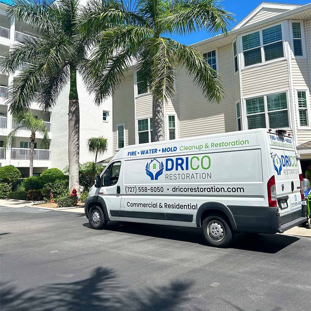 A White Commercial Van With Drico Restoration Branding Is Parked On A Street Near A Residential Building. The Van Advertises Fire, Water, And Mold Cleanup Services. Tall Palm Trees And A Sunny Sky Are In The Background.