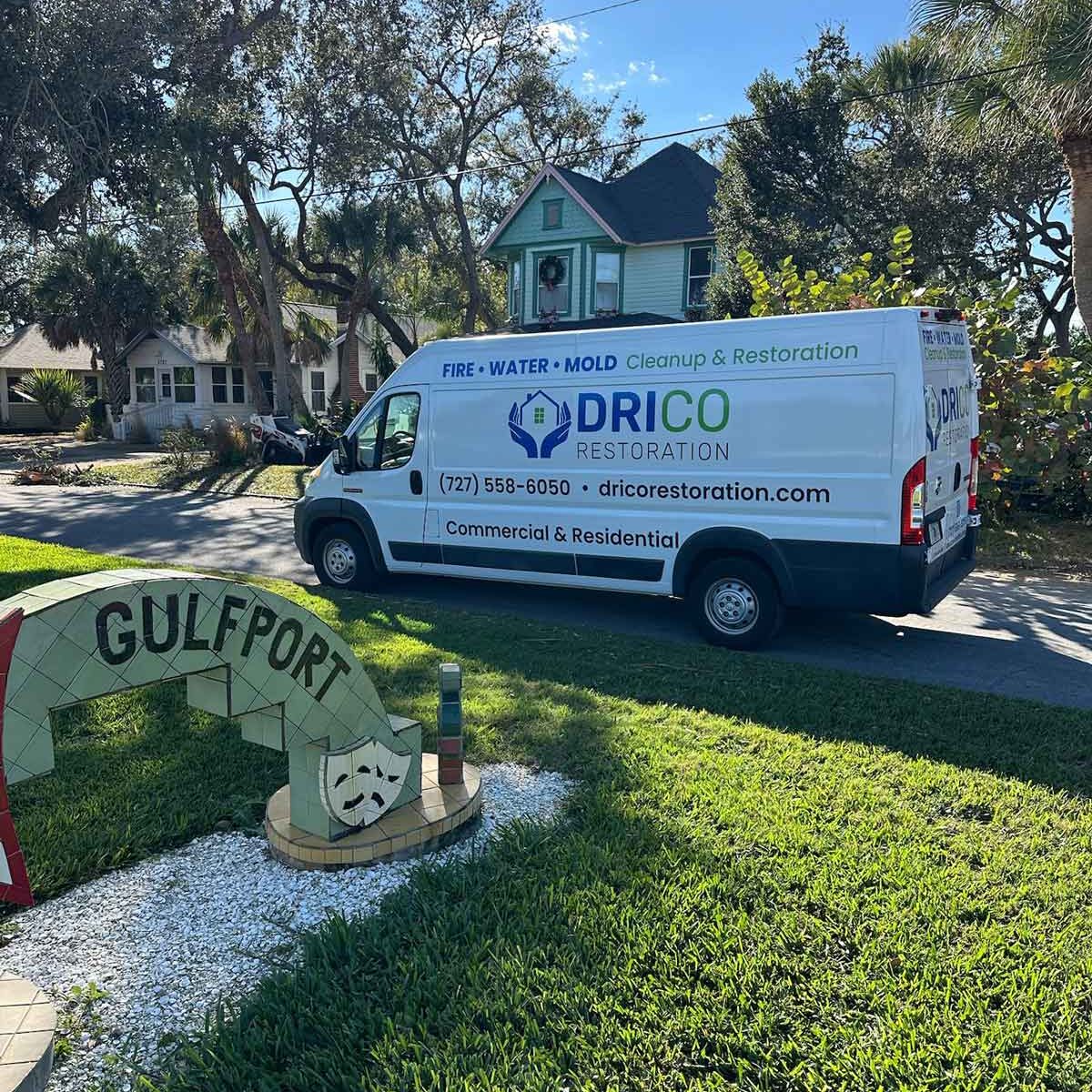 Drico Restoration Service Van In Residential Gulfport Florida Neighborhood