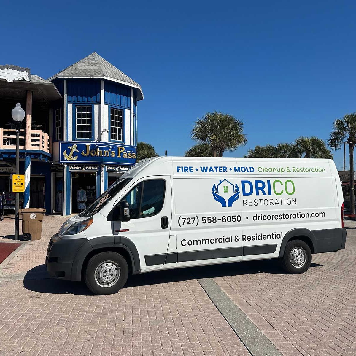 Drico Restoration Cleanup Van Parked Outside John’s Pass Boardwalk Shops